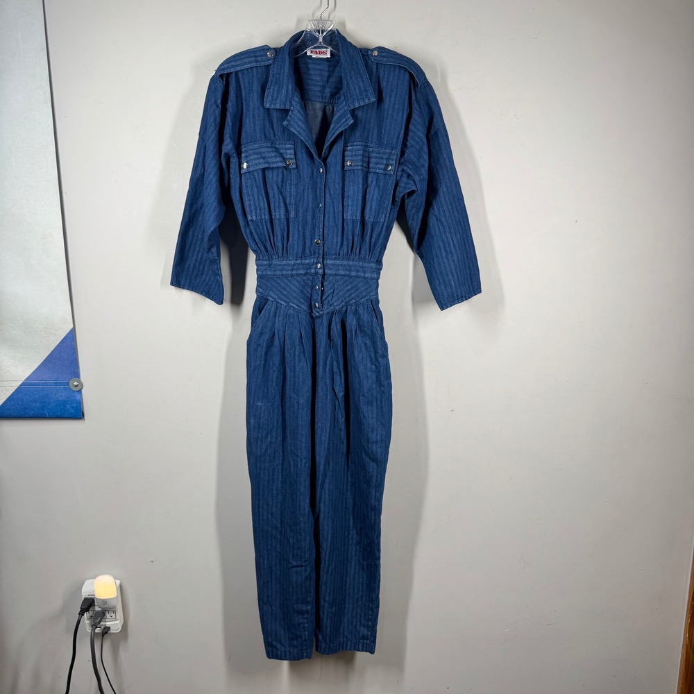 Vintage Fads Denim Jumpsuit Blue Cotton 80s Shoulder Pads Made in USA Size 9/10